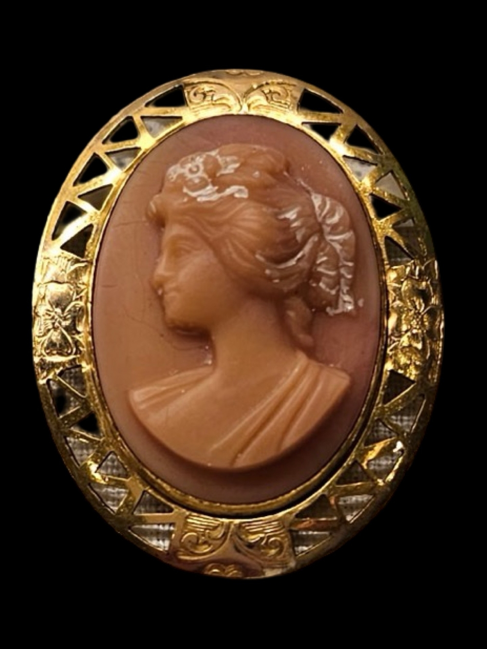 Antique Edwardian Gold Front Celluloid Cameo Brooch Pin Pink Lady Filigree